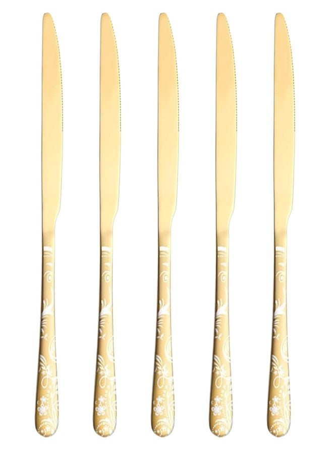 KitchEase 5-Piece Dinner Knives with Floral Printed Handle | Premium Stainless Steel Flatware Set of Steak Knives | Elegant Cutlery for Home, Restaurants, and Gifting (Aurum Gold) - Image 1